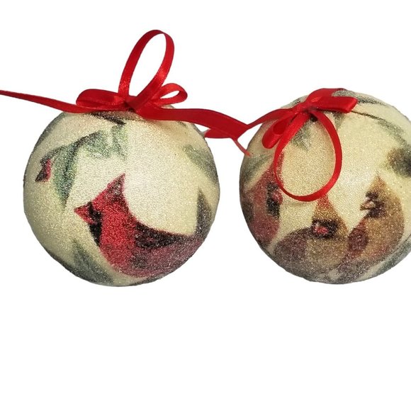 Decorative Christmas Balls Frosted Birds Cardinals Bulbs Pair Set Red Ornaments - Picture 7 of 10